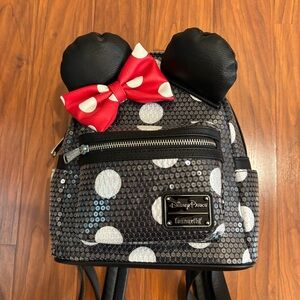 Loungefly Disney Parks Black Sequins Polka Dot Backpack Red Bow Minnie Mouse